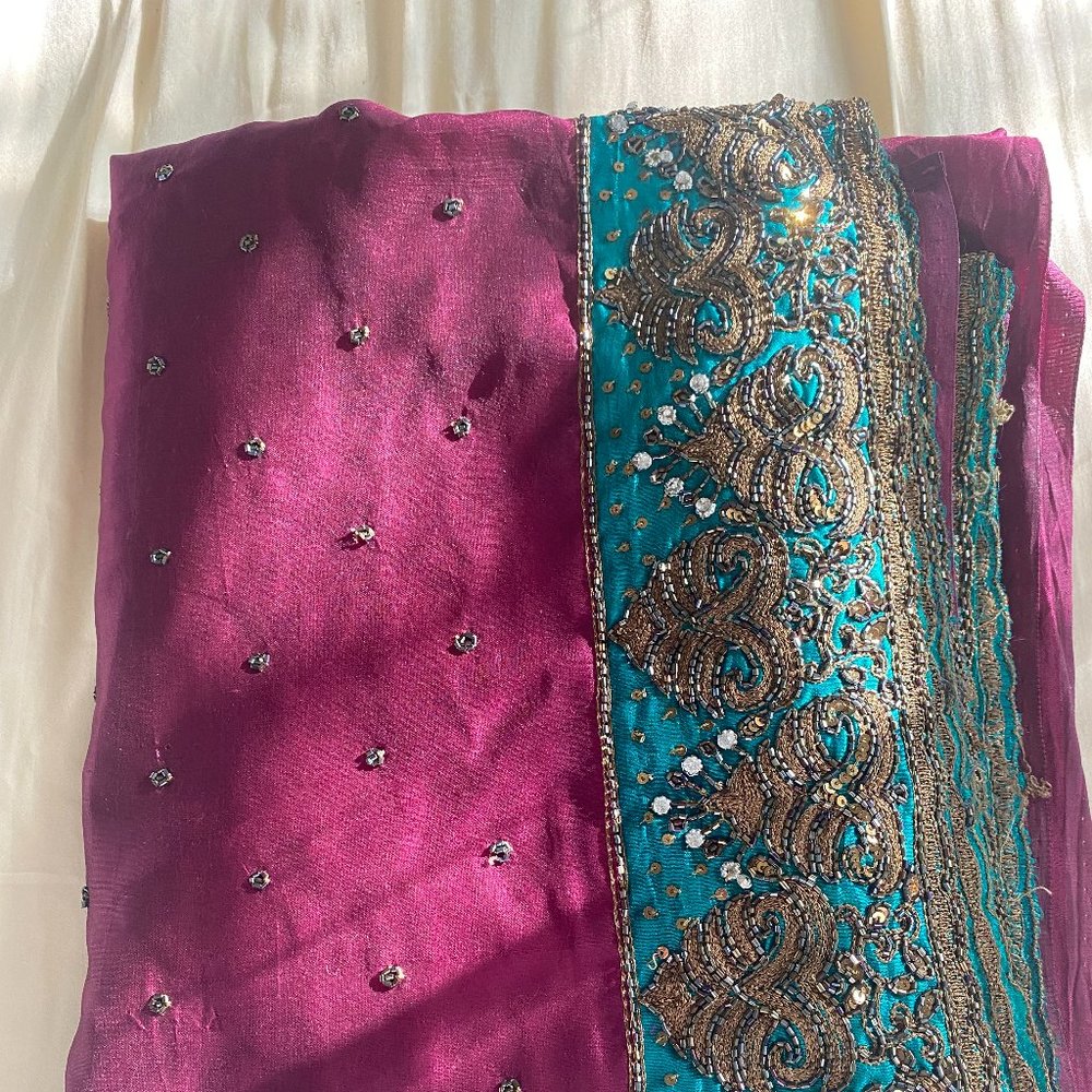 Silk Sari with work, Purple with teal border